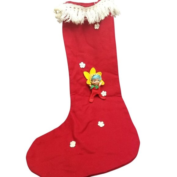 Vintage 60s Kitsch Large Christmas Red Stocking Pixie Blue Hair Hat Bells - Picture 1 of 8